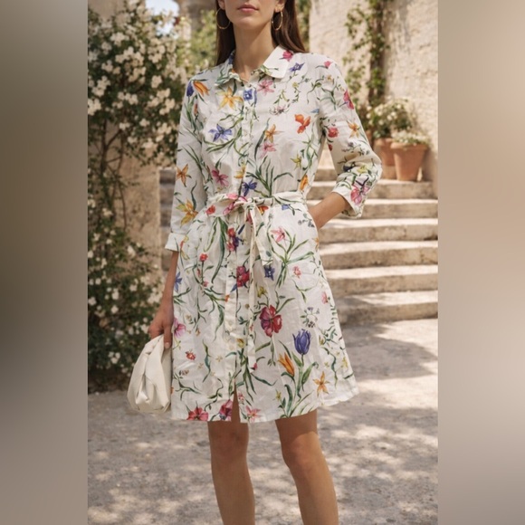 120% Lino Dresses & Skirts - 120% Lino Wildflower Linen Shirt Dress Belted Botanical Print XXS NWT